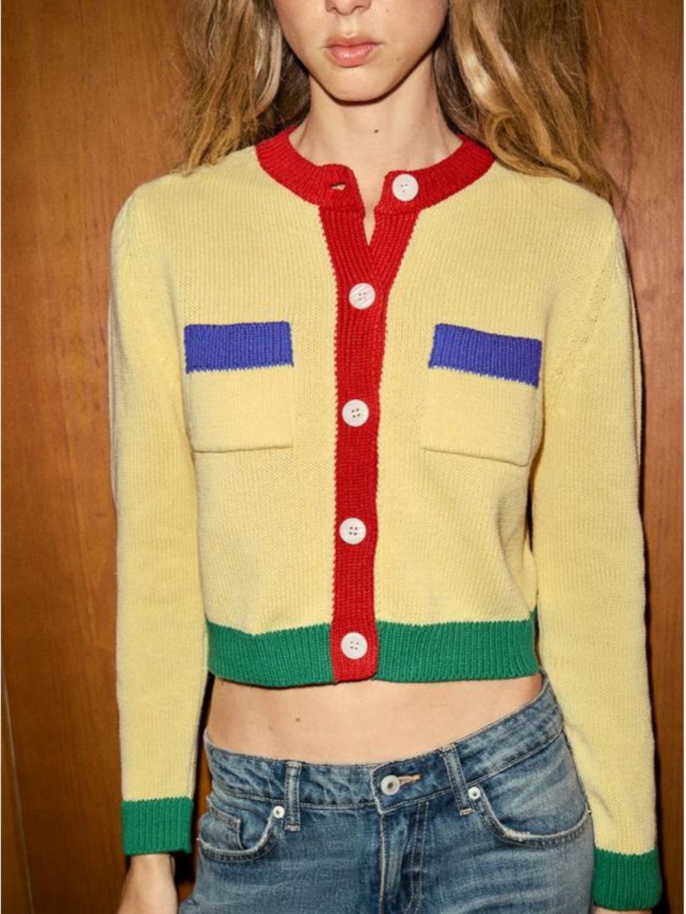 Zara Yellow Colorblock Cropped Cardigan with Red Trim - M